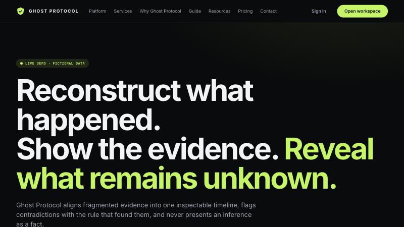 Ghost Protocol home page: Reconstruct what happened, show the evidence, reveal what remains unknown