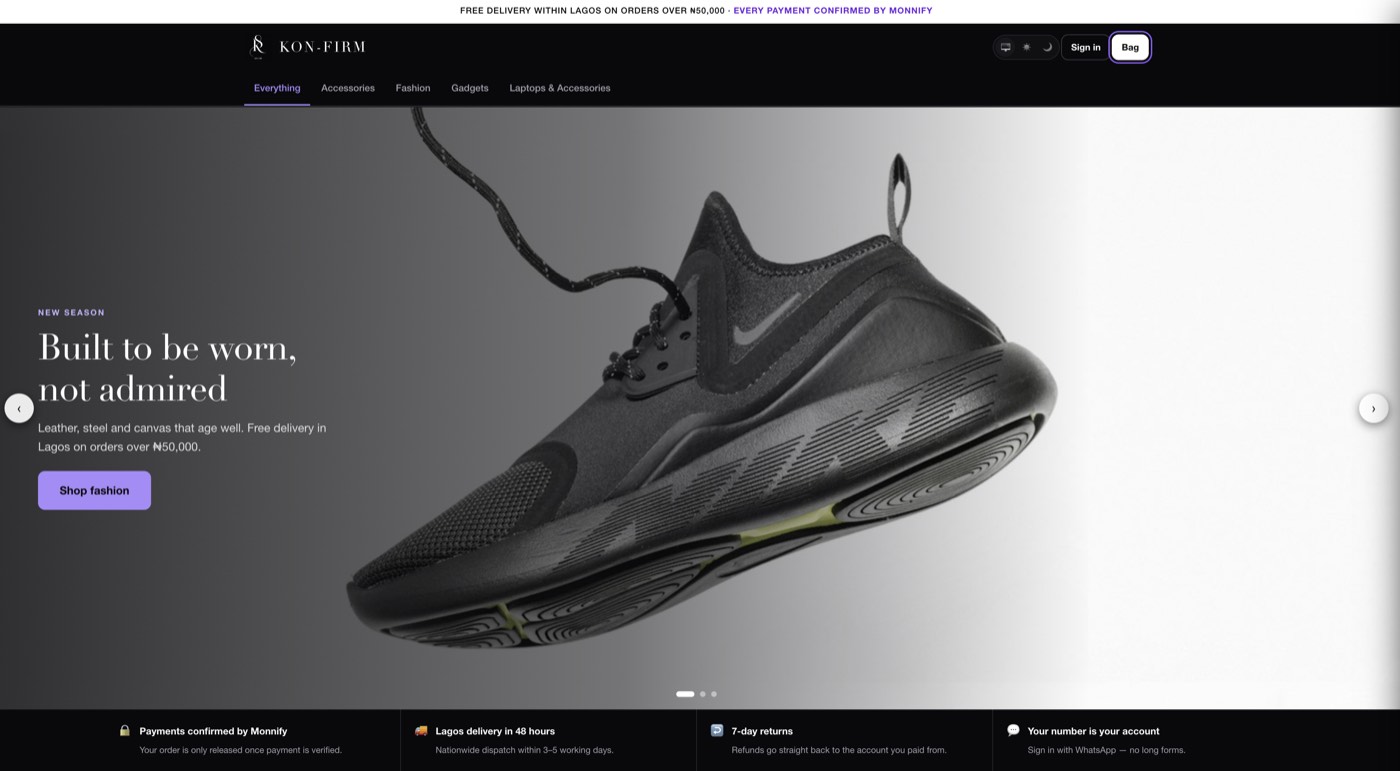 Kon-firm home page showing the New Season fashion banner and the Monnify payment guarantee