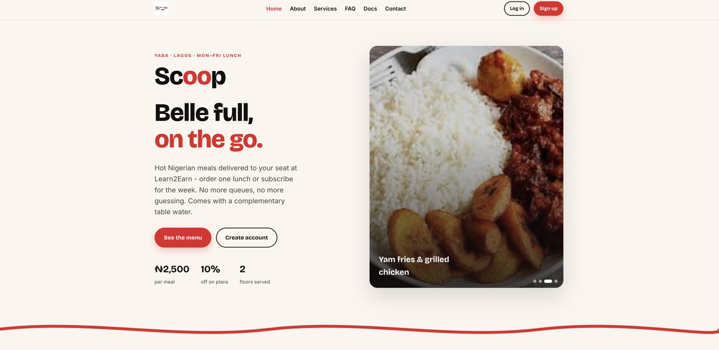 Scoop home page showing the Belle full, on the go headline and a Nigerian meal